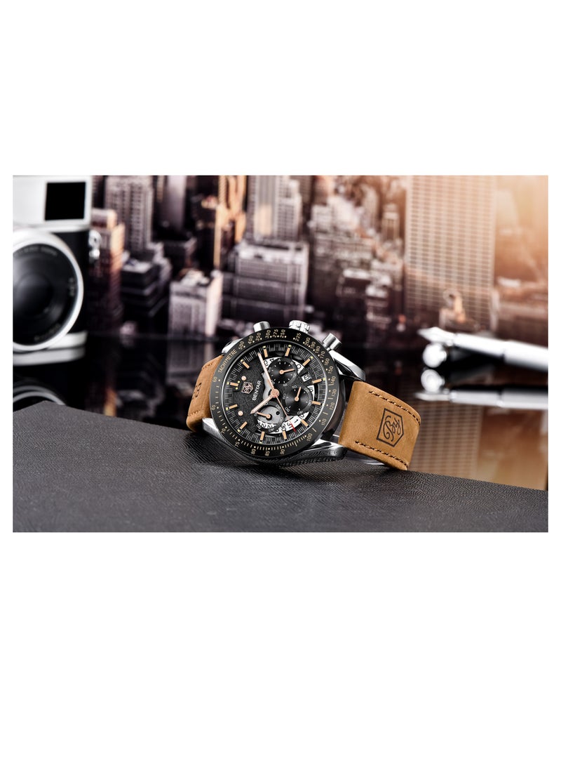 BENYAR Watches for Men Luxury Quartz Water Resistant Watch Men's Chronograph Genuine Leather Strap 5120 Brown - Image 4