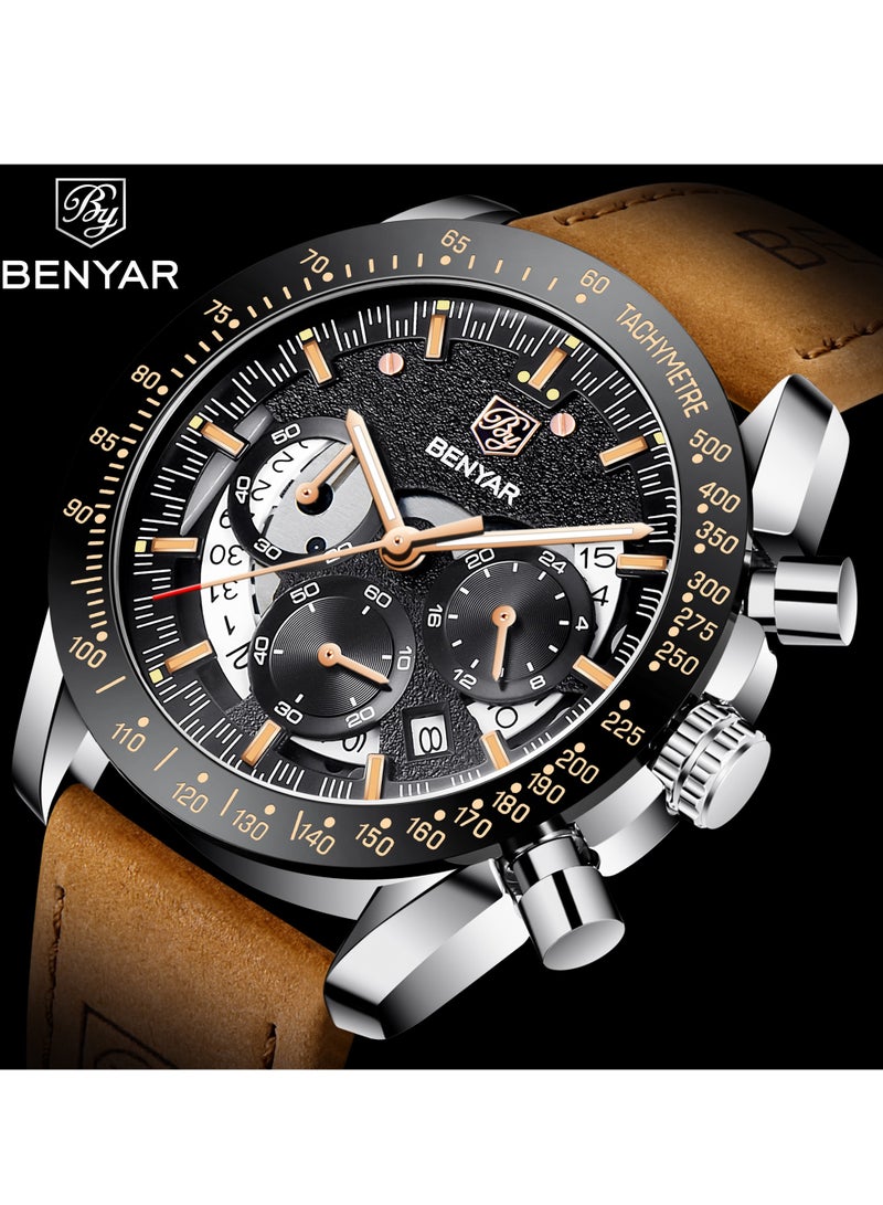 BENYAR Watches for Men Luxury Quartz Water Resistant Watch Men's Chronograph Genuine Leather Strap 5120 Brown - Image 2
