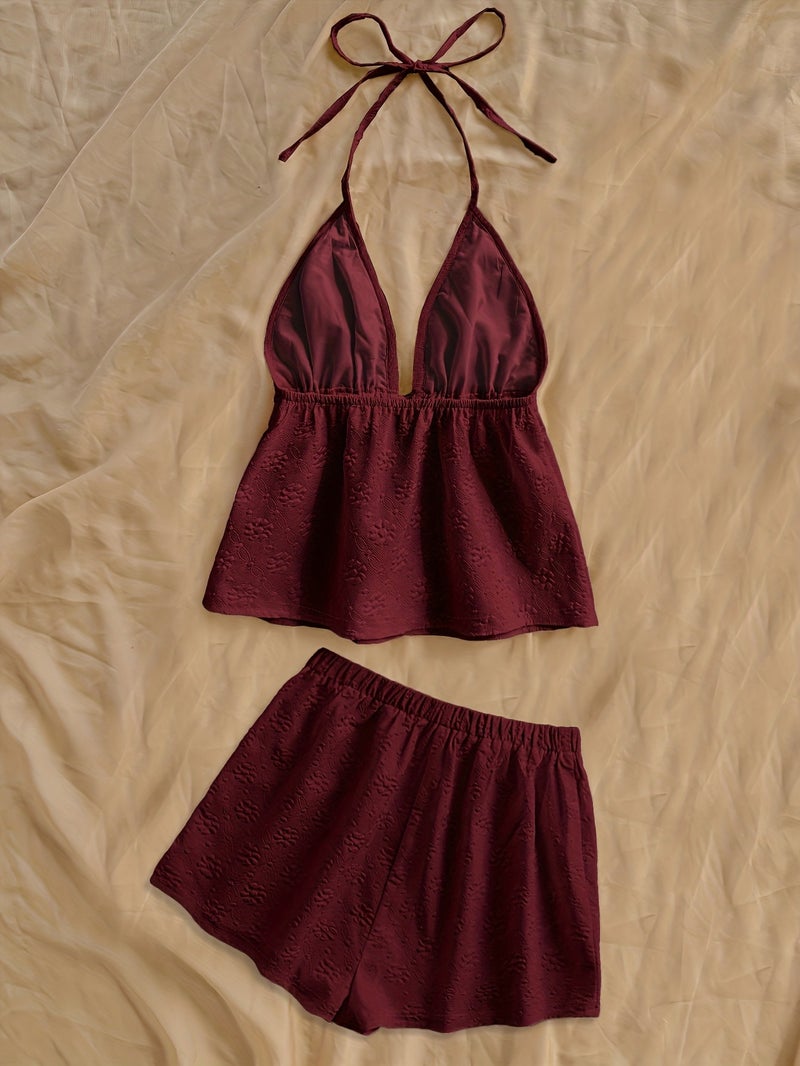 Solid Floral Texture Cute Top And Shorts Set - Image 2