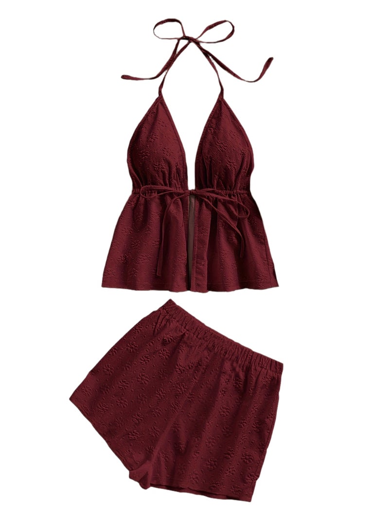 Solid Floral Texture Cute Top And Shorts Set - Image 1