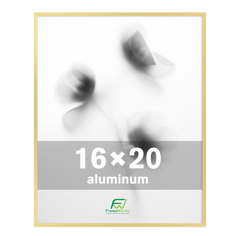 FrameWorks 16x20 Brushed Aluminum Poster Frames  Modern Brushed Metal Design wShatterproof Plexiglass Perfect for Posters Artwork Paintings Wall Displays  Home or Office Decor Gold  1 Pack