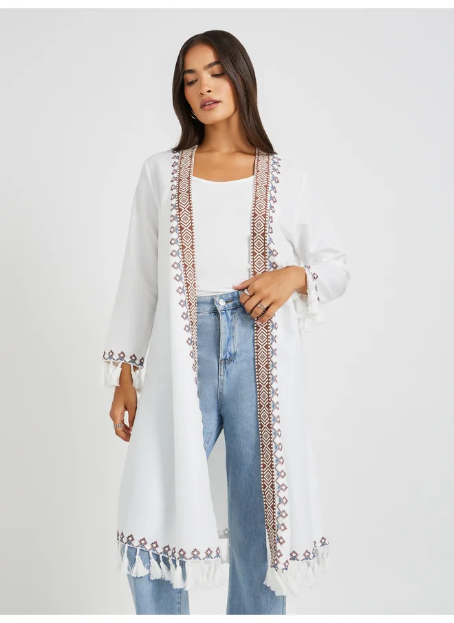 ستايلي Styli Embroidered Midi Length Kimono with Tassel Trim