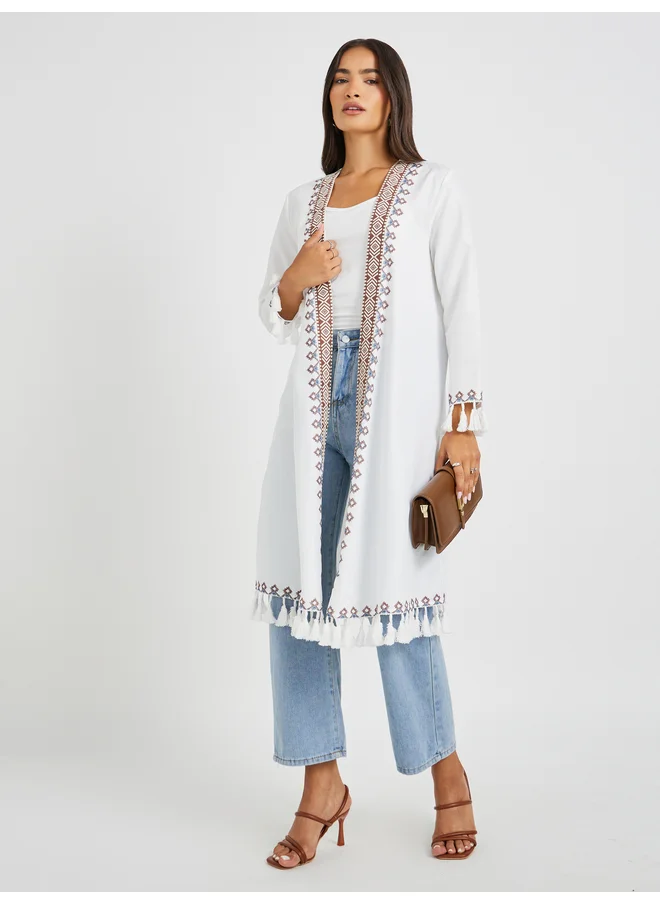 ستايلي Styli Embroidered Midi Length Kimono with Tassel Trim