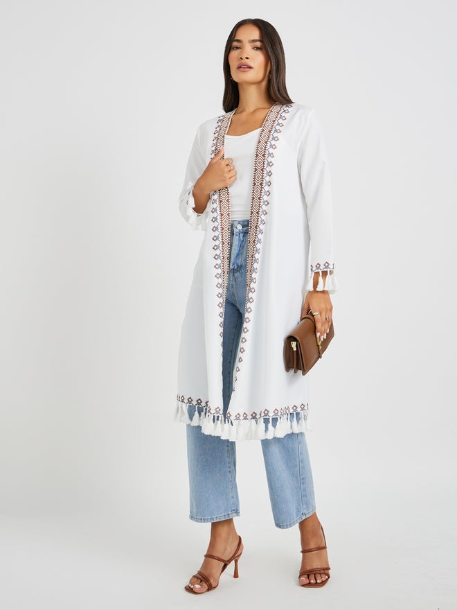 Styli Styli Embroidered Midi Length Kimono with Tassel Trim  - Image 1