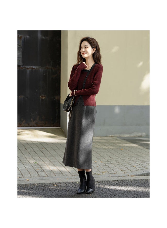 dme Demana [comfort Co] Autumn Elegant Color-block Asymmetric Placket Puff Sleeve Slim Yarn Knit Sweater For Women - Image 3