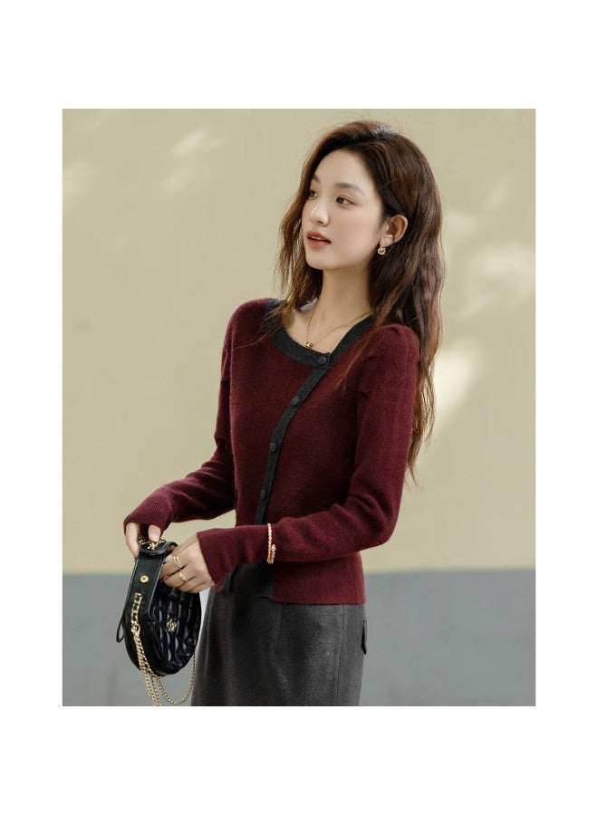 dme Demana [comfort Co] Autumn Elegant Color-block Asymmetric Placket Puff Sleeve Slim Yarn Knit Sweater For Women - Image 2