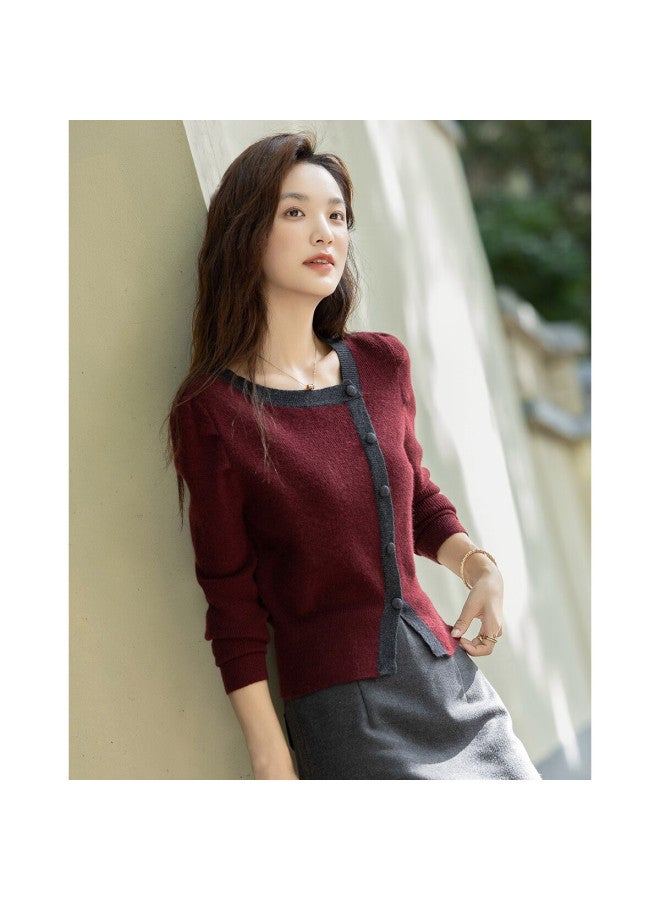 dme Demana [comfort Co] Autumn Elegant Color-block Asymmetric Placket Puff Sleeve Slim Yarn Knit Sweater For Women - Image 5