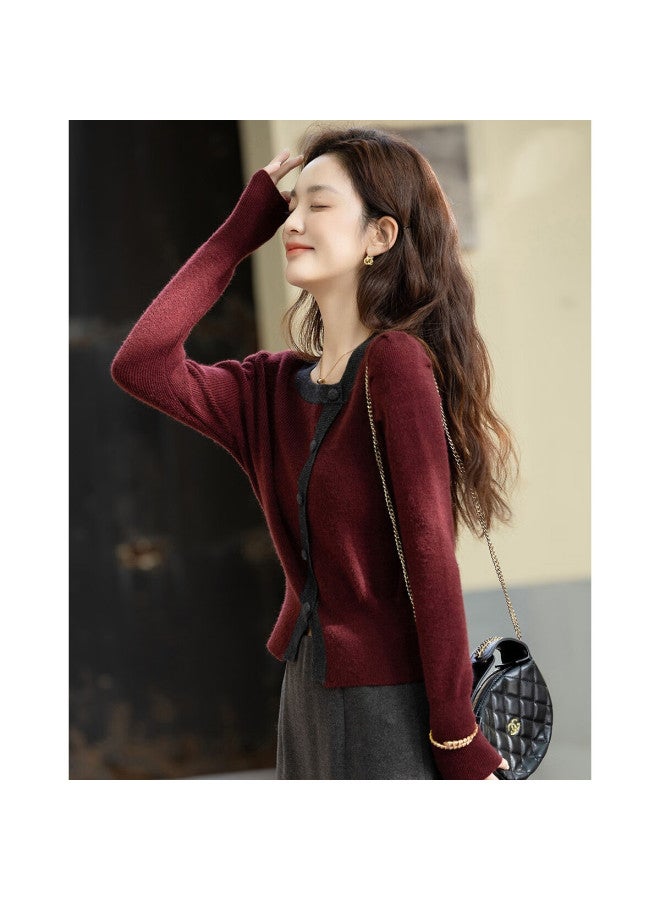 dme Demana [comfort Co] Autumn Elegant Color-block Asymmetric Placket Puff Sleeve Slim Yarn Knit Sweater For Women - Image 1