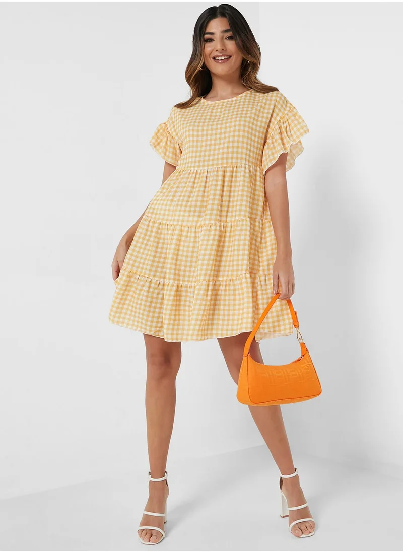 boohoo Checked Ruffle Detail Tiered Dress