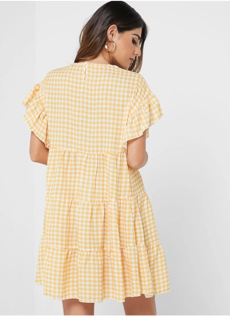 boohoo Checked Ruffle Detail Tiered Dress