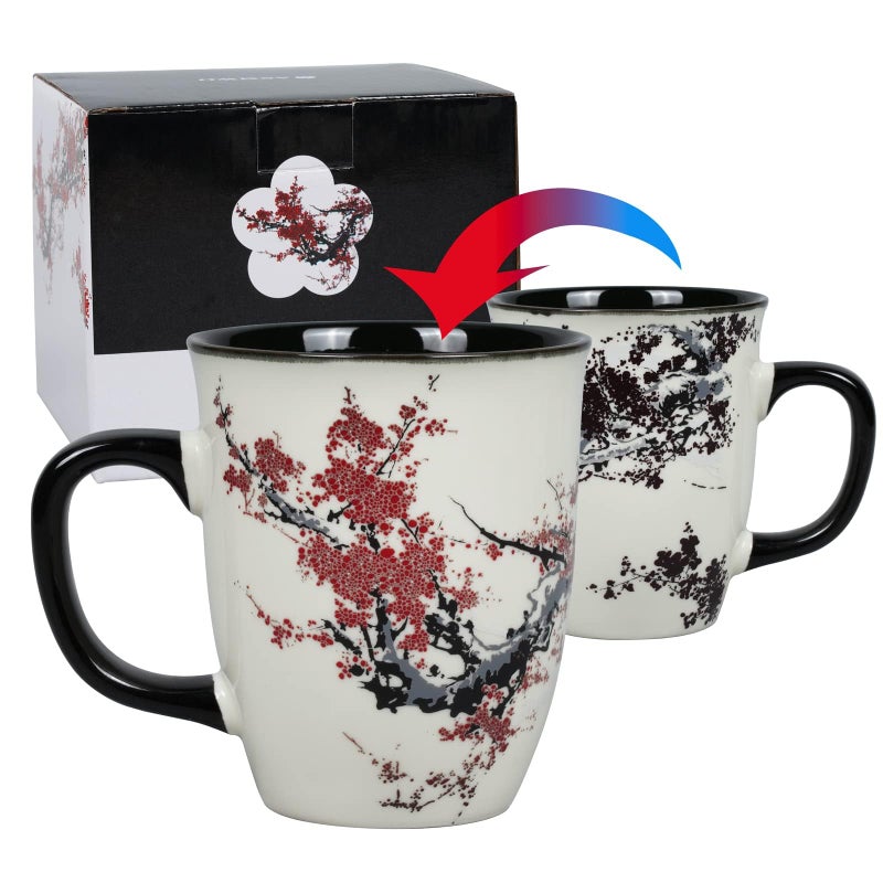 Asmwo Color Changing Heat Sensitive Magic Funny Art Mug Large Coffee Tea Plum Blossom Porcelain Mugs for Women Mom grandma Gifts 16oz Black Change Glow Red Cups - Image 2