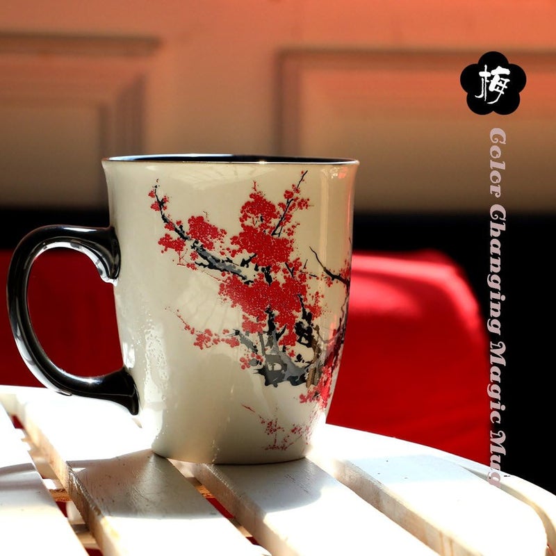 Asmwo Color Changing Heat Sensitive Magic Funny Art Mug Large Coffee Tea Plum Blossom Porcelain Mugs for Women Mom grandma Gifts 16oz Black Change Glow Red Cups - Image 5