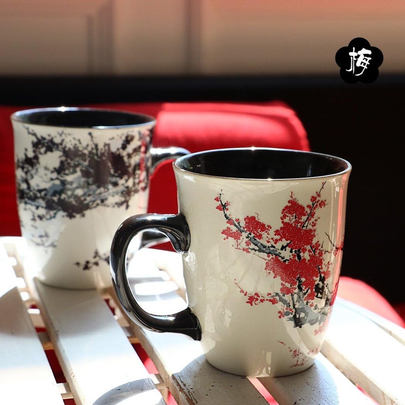 Asmwo Color Changing Heat Sensitive Magic Funny Art Mug Large Coffee Tea Plum Blossom Porcelain Mugs for Women Mom grandma Gifts 16oz Black Change Glow Red Cups - Image 4