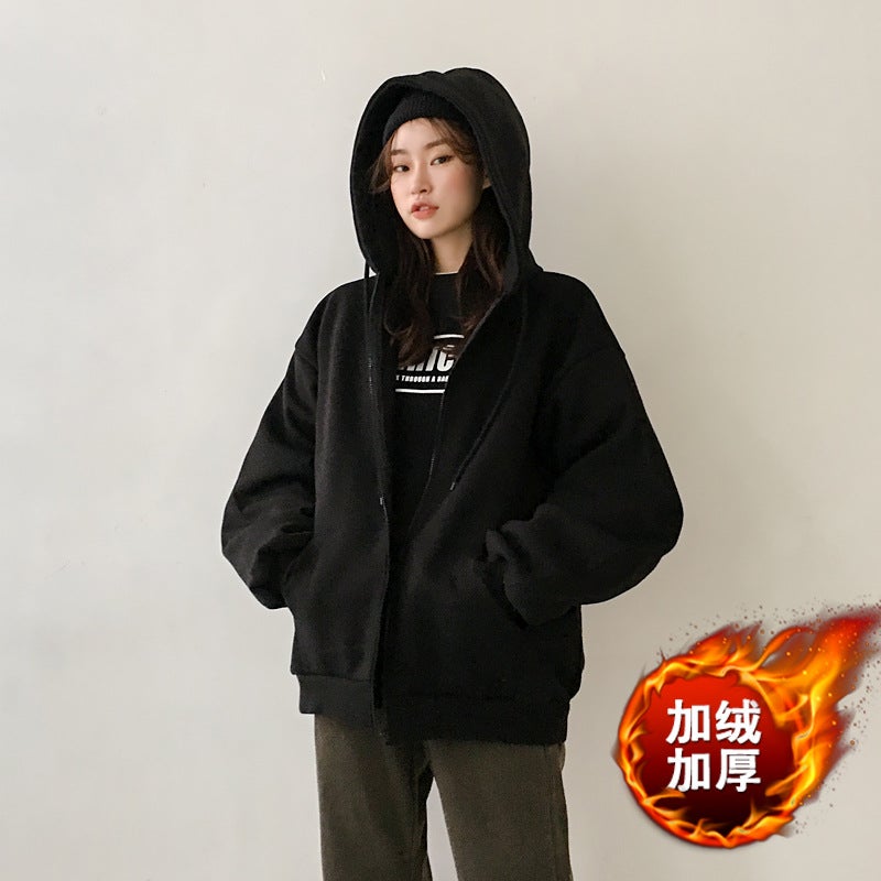 Autumn Winter Couple Hoodies Korean Oversized Cardigan Black plus Velvet 