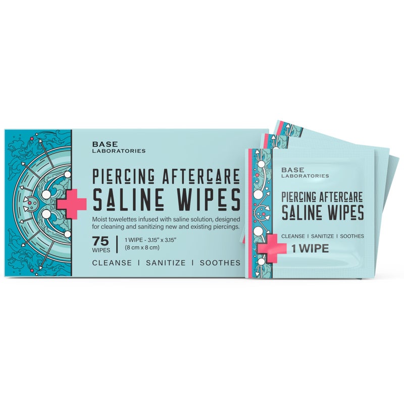 BASE LABORATORIES Piercing Aftercare Wipes Cleanses Sanitizes Piercing Cleaner Wipes for Nose Ear Lips Saline Solution for Piercings Keloid Bump Removal Piercing Bump Treatment 75 Wipes - Image 3