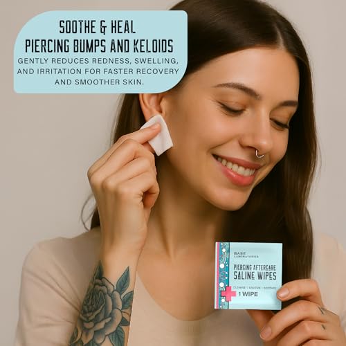BASE LABORATORIES Piercing Aftercare Wipes Cleanses Sanitizes Piercing Cleaner Wipes for Nose Ear Lips Saline Solution for Piercings Keloid Bump Removal Piercing Bump Treatment 75 Wipes - Image 5