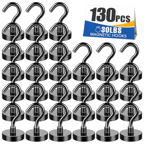 MIKEDE Black Magnetic Hooks Heavy Duty, 30Lbs+ Strong Neodymium Magnets with Metal for Refrigerator,Super Cruise Hanging, Kitchen, Storage - Pack of 130 - Image 1