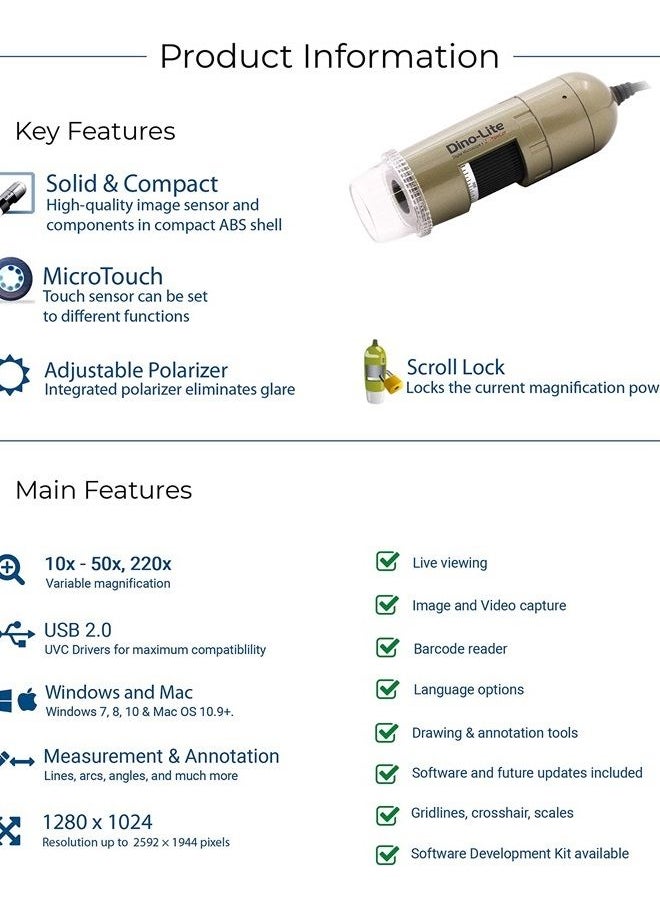 USB Digital Microscope AM4113ZT - 1.3MP, 10x - 50x, 220x Optical Magnification, Measurement, Polarized Light