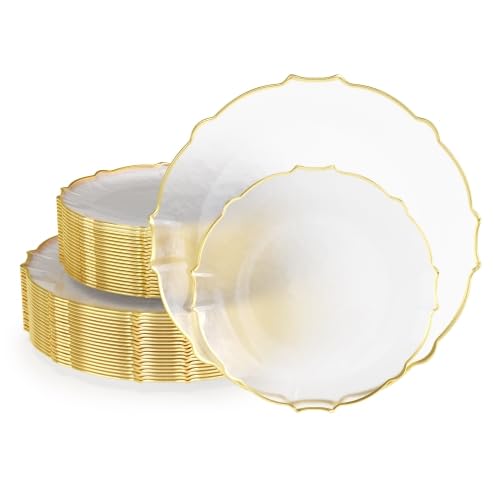 Exquisite Tinted Plates 80Piece Plastic Disposable Party Set for 40 Guests 40 X 75 Dessert Plates 40 X 10 Thin Delicate Fancy Dinnerware with Clear Gold Rim - Image 2