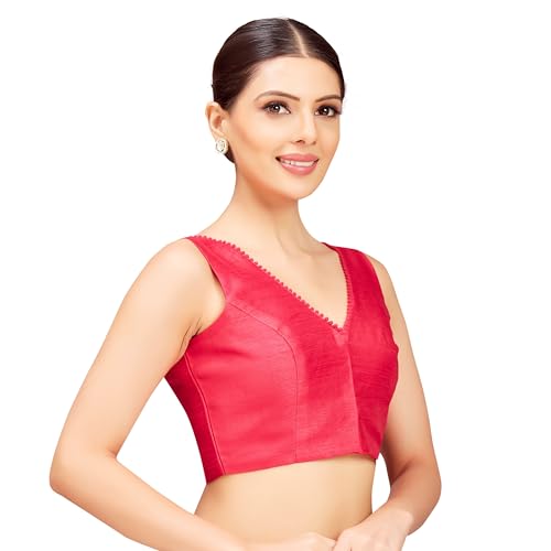 Studio Shringaar Solid Coloured Poly Silk V Neck Sleeveless Padded Saree Blouses (Pink, 36) - Image 4