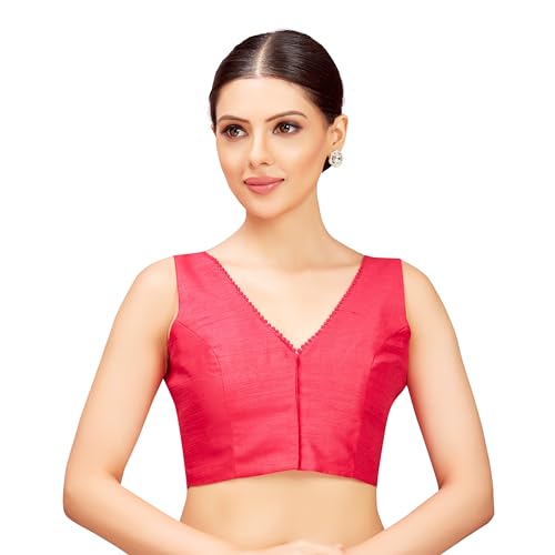Studio Shringaar Solid Coloured Poly Silk V Neck Sleeveless Padded Saree Blouses (Pink, 36) - Image 1
