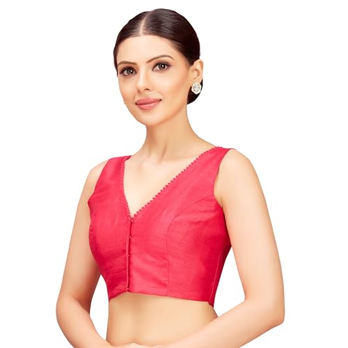 Studio Shringaar Solid Coloured Poly Silk V Neck Sleeveless Padded Saree Blouses (Pink, 36) - Image 3