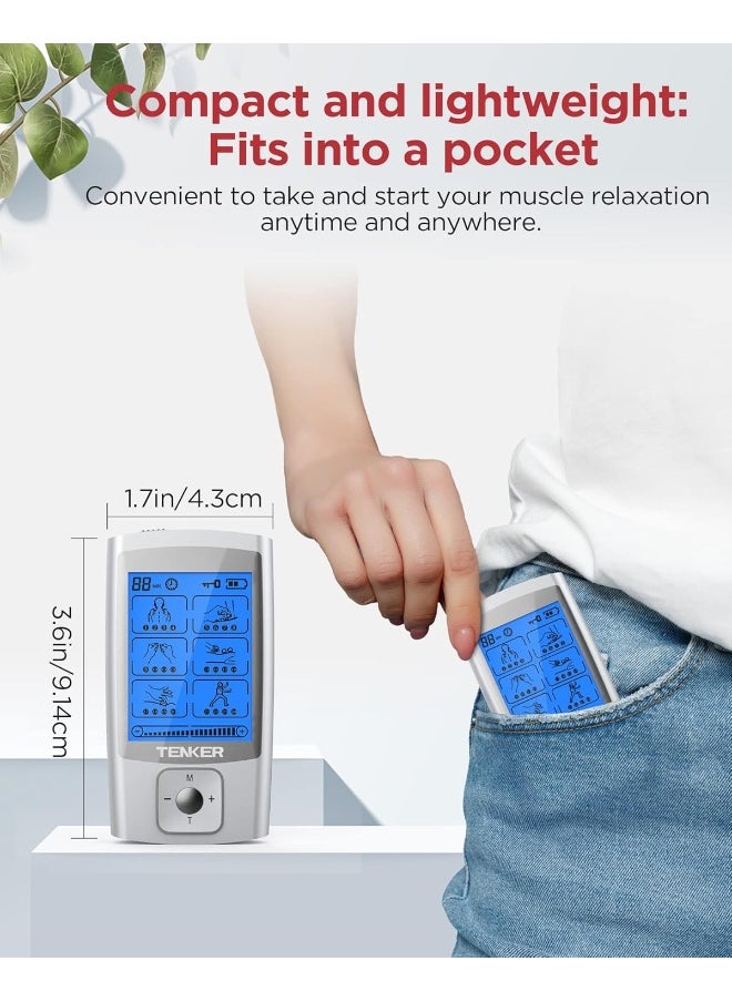 TENKER TENKER TENS EMS Unit Muscle Stimulator, 24 Modes TENS Machine for Pain Relief & Muscle Strength Rechargeable Electronic Pulse Massager with 2"x2" and 2"x4" TENS Unit Electrode Pads Sliver  - Image 4