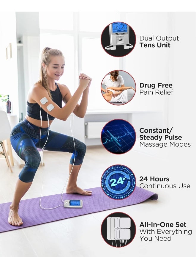 TENKER TENKER TENS EMS Unit Muscle Stimulator, 24 Modes TENS Machine for Pain Relief & Muscle Strength Rechargeable Electronic Pulse Massager with 2"x2" and 2"x4" TENS Unit Electrode Pads Sliver  - Image 3