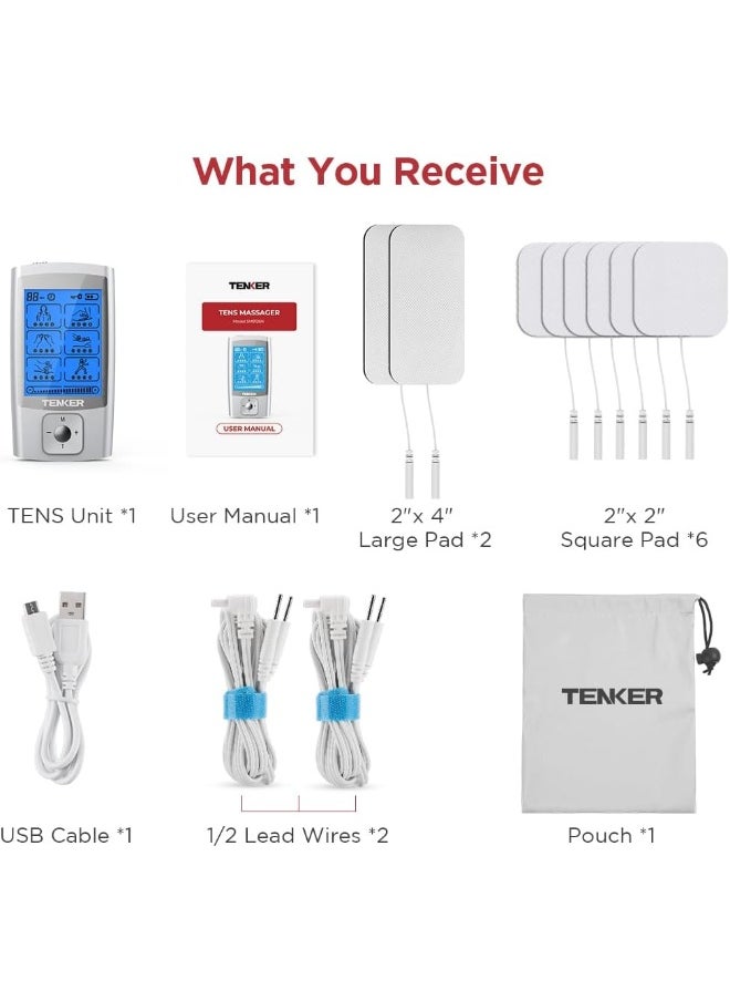 TENKER - TENKER TENS EMS Unit Muscle Stimulator, 24 Modes TENS Machine for Pain Relief & Muscle Strength Rechargeable Electronic Pulse Massager with 2"x2" and 2"x4" TENS Unit Electrode Pads Sliver - Image 1