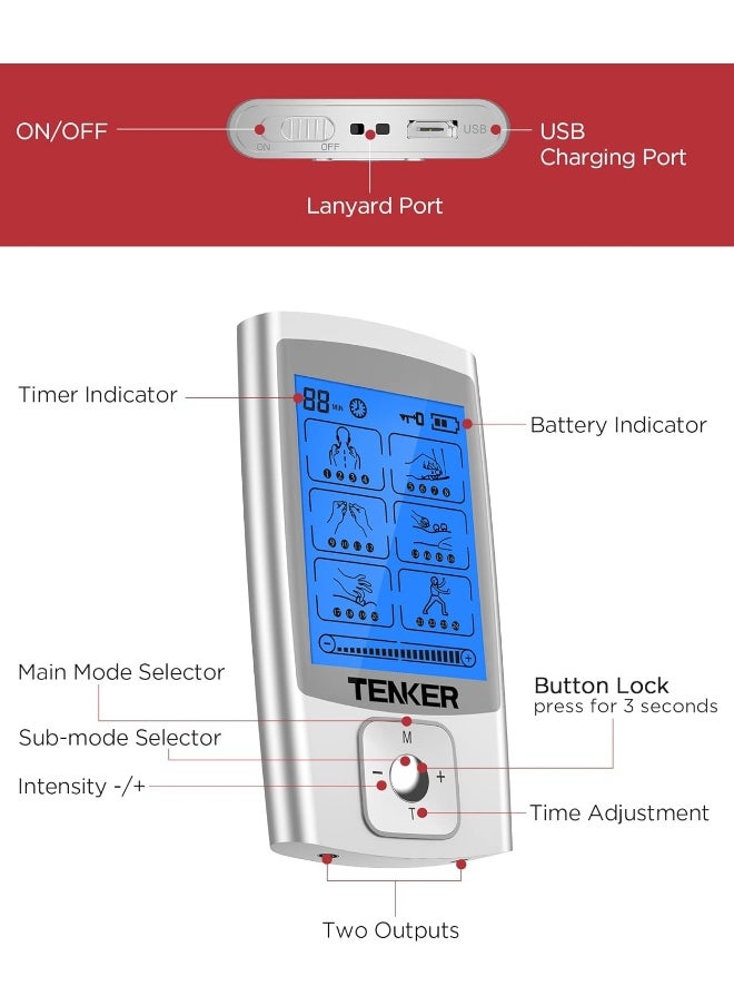 TENKER - TENKER TENS EMS Unit Muscle Stimulator, 24 Modes TENS Machine for Pain Relief & Muscle Strength Rechargeable Electronic Pulse Massager with 2"x2" and 2"x4" TENS Unit Electrode Pads Sliver - Image 1