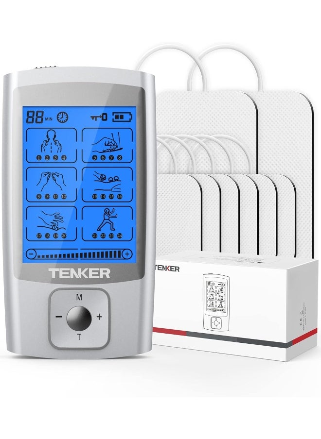 TENKER TENKER TENS EMS Unit Muscle Stimulator, 24 Modes TENS Machine for Pain Relief & Muscle Strength Rechargeable Electronic Pulse Massager with 2"x2" and 2"x4" TENS Unit Electrode Pads Sliver  - Image 1