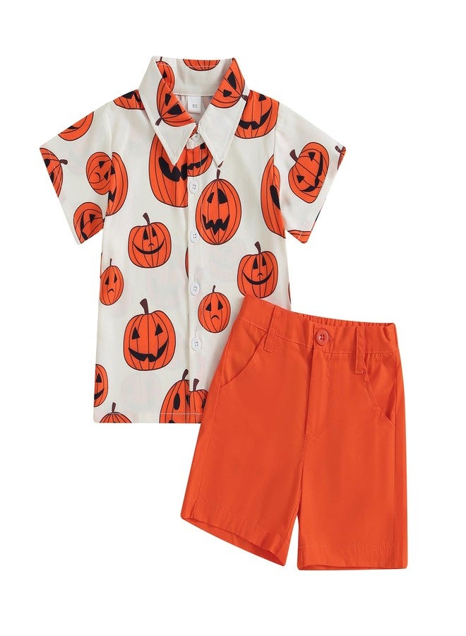 Amnnchya Toddler Baby Boy Halloween Outfit Pumpkin Head Short Sleeve Shirt Halloween Clothing Summer Orange Shorts Set (Orange Shorts,3-4T) - Image 1