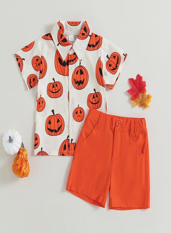 Amnnchya Toddler Baby Boy Halloween Outfit Pumpkin Head Short Sleeve Shirt Halloween Clothing Summer Orange Shorts Set (Orange Shorts,3-4T) - Image 2