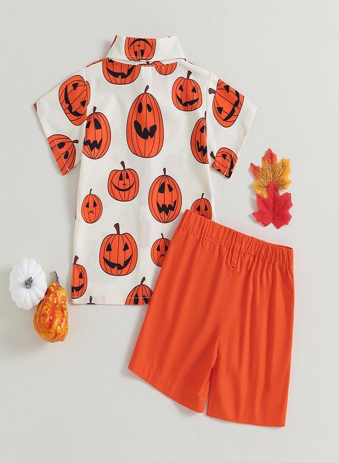 Amnnchya Toddler Baby Boy Halloween Outfit Pumpkin Head Short Sleeve Shirt Halloween Clothing Summer Orange Shorts Set (Orange Shorts,3-4T) - Image 3