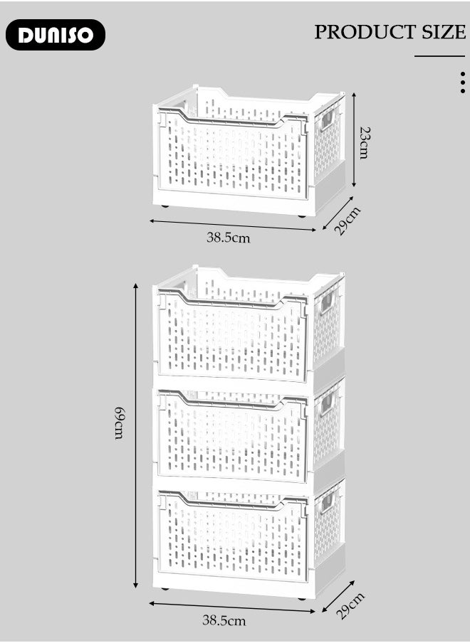 DUNISO 3 Packs Stackable Plastic Storage Basket, Foldable Closet Organizers Storage Bins with a Set of Wheels, Removable Drawer Shelf Storage Container for Wardrobe Cupboard Kitchen Bathroom Office  - Image 2