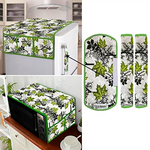 E-Retailer® Exclusive 3-Layered Polyester Combo Set of Appliances Cover (1 Pc. of Fridge Top Cover, 3 Pc Handle Cover and 1 Pc. of Microwave Oven Top Cover) (Color-Green Floral, Set Contains-5 Pcs.) - Image 1