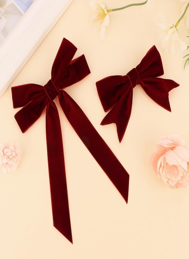 KIUEZIR 4PCS Burgundy Velvet Bow Hair Clips for Women - Valentine's Day Retro Romantic Hair Accessories (2 Styles) - Image 2