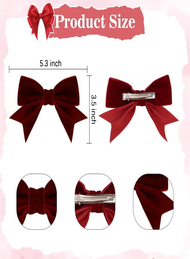 KIUEZIR 4PCS Burgundy Velvet Bow Hair Clips for Women - Valentine's Day Retro Romantic Hair Accessories (2 Styles) - Image 3