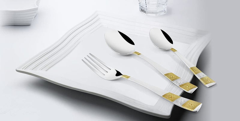FNS Tiffiny 24 Karat Gold Plated Cutlery Set with Stand - 18 Pcs (6 Dinner Spoon, 6 Dinner Forks & 6 Teaspoon) - Image 3