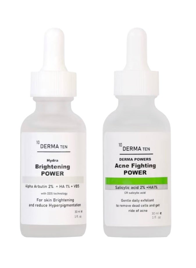 DERMA TEN Alpha Arbutin Derma Ten Brightening Power Serum 30ml + Salicylic Acid Derma Ten Acne Fighting Power Serum 30ml 