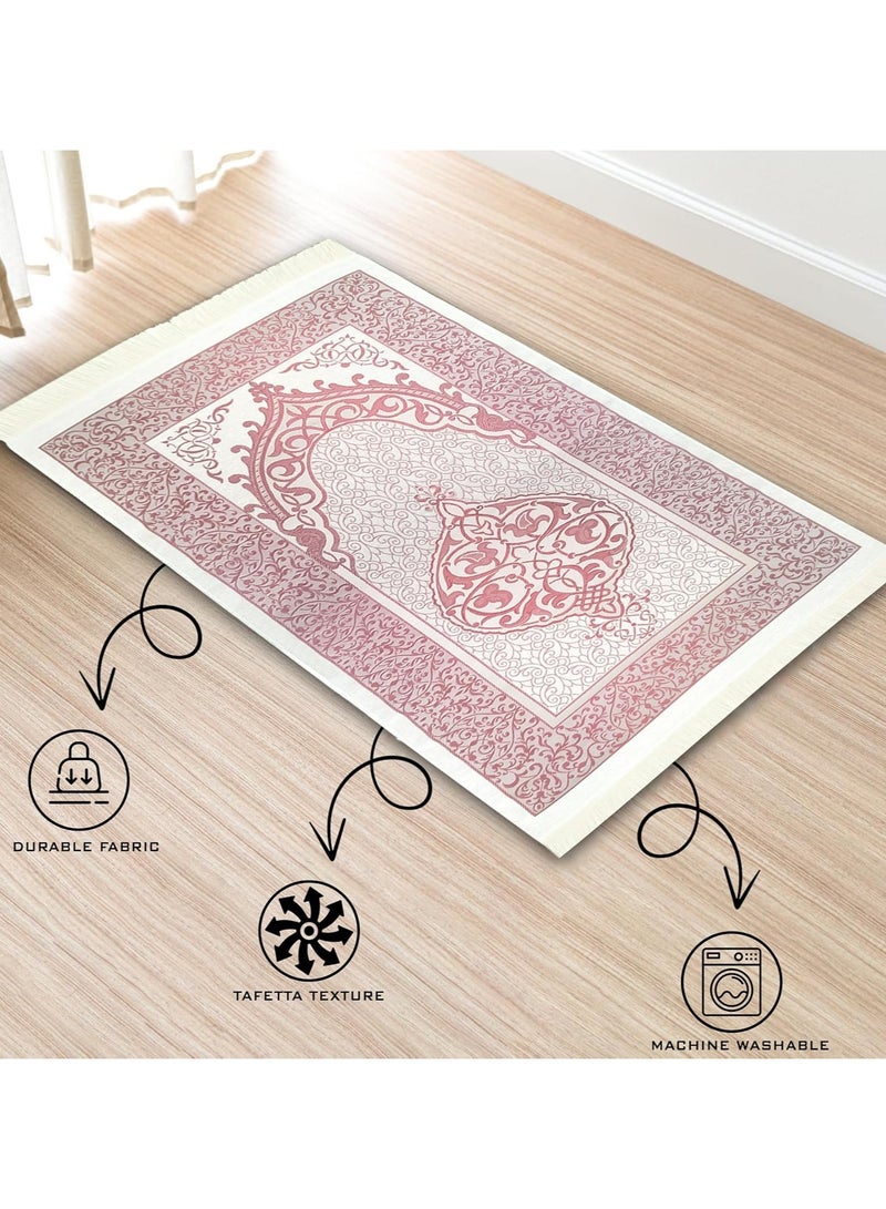 Muslim Prayer Rug Prayer Beads Kufi Hat for Men and Women 100% Breathable Black Skull Beanie Traditional Desing Prayer Mat Eid Ramadan Gifts Islamic Set Salah Mat Taffeta Fabric Soft (Pink)  - Image 3