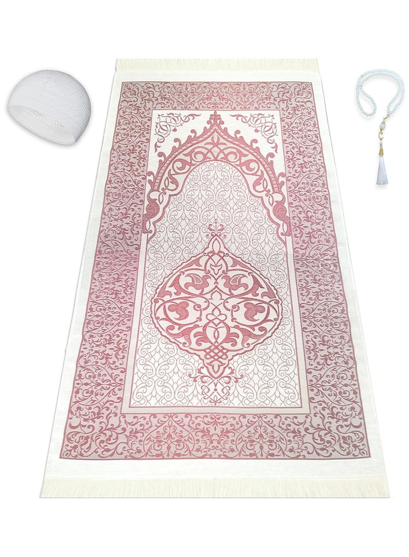 Muslim Prayer Rug Prayer Beads Kufi Hat for Men and Women 100% Breathable Black Skull Beanie Traditional Desing Prayer Mat Eid Ramadan Gifts Islamic Set Salah Mat Taffeta Fabric Soft (Pink)  - Image 1