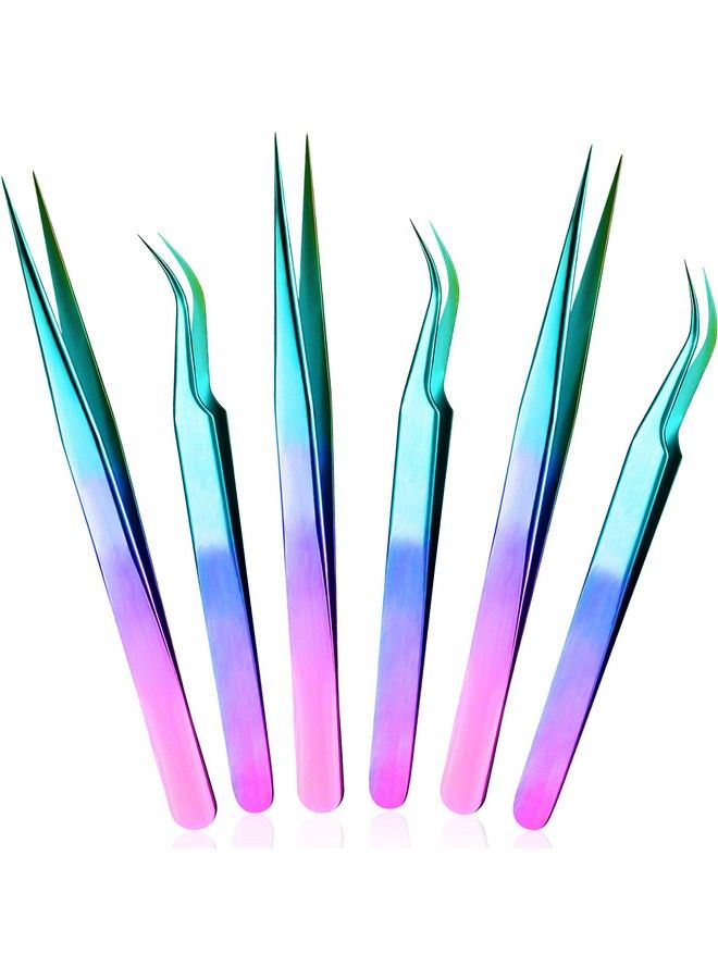 Mudder 6 Pieces Eyelash Extension Tweezers Straight And Curved Tip Stainless Steel Tweezers Nippers Volume Lash Tweezers For Eyelash Extensions False Lash Application Tools (Laser) - Image 1