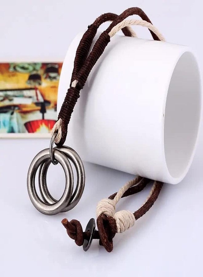 THE MEN THING TWIN WHEEL TWO COLOUR - Vintage Alloy Double Ring Pendant with Pure Leather Cord Necklace for Men & Boys - Image 4