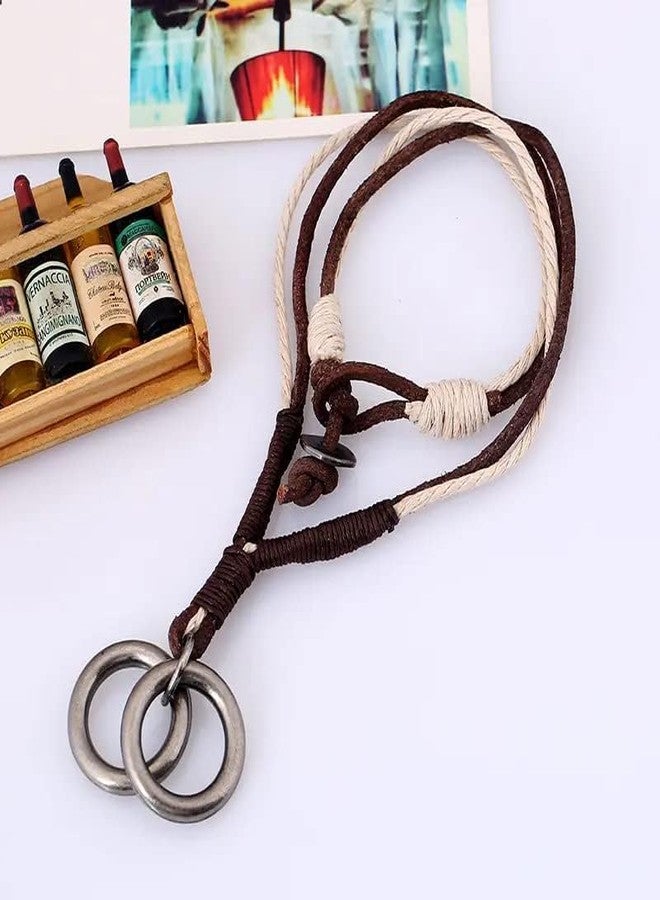 THE MEN THING TWIN WHEEL TWO COLOUR - Vintage Alloy Double Ring Pendant with Pure Leather Cord Necklace for Men & Boys - Image 5