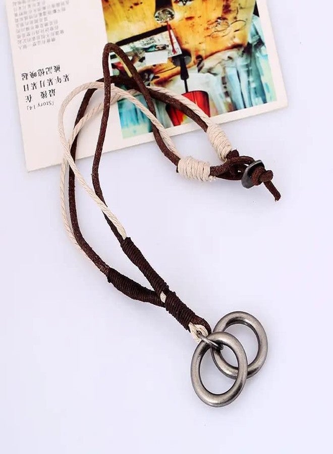 THE MEN THING TWIN WHEEL TWO COLOUR - Vintage Alloy Double Ring Pendant with Pure Leather Cord Necklace for Men & Boys - Image 3