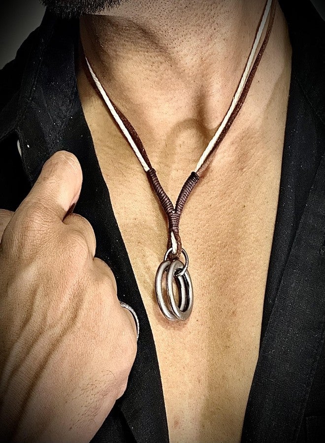 THE MEN THING TWIN WHEEL TWO COLOUR - Vintage Alloy Double Ring Pendant with Pure Leather Cord Necklace for Men & Boys - Image 2