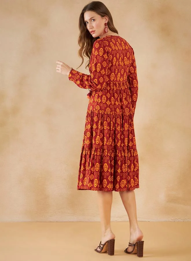 FEMELLA Bohemian Print Gathered Detail A-Line Midi Dress by Styli