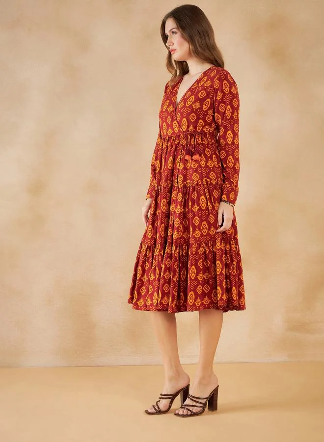 FEMELLA Bohemian Print Gathered Detail A-Line Midi Dress by Styli