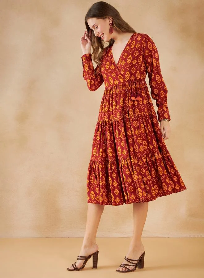 FEMELLA Bohemian Print Gathered Detail A-Line Midi Dress by Styli